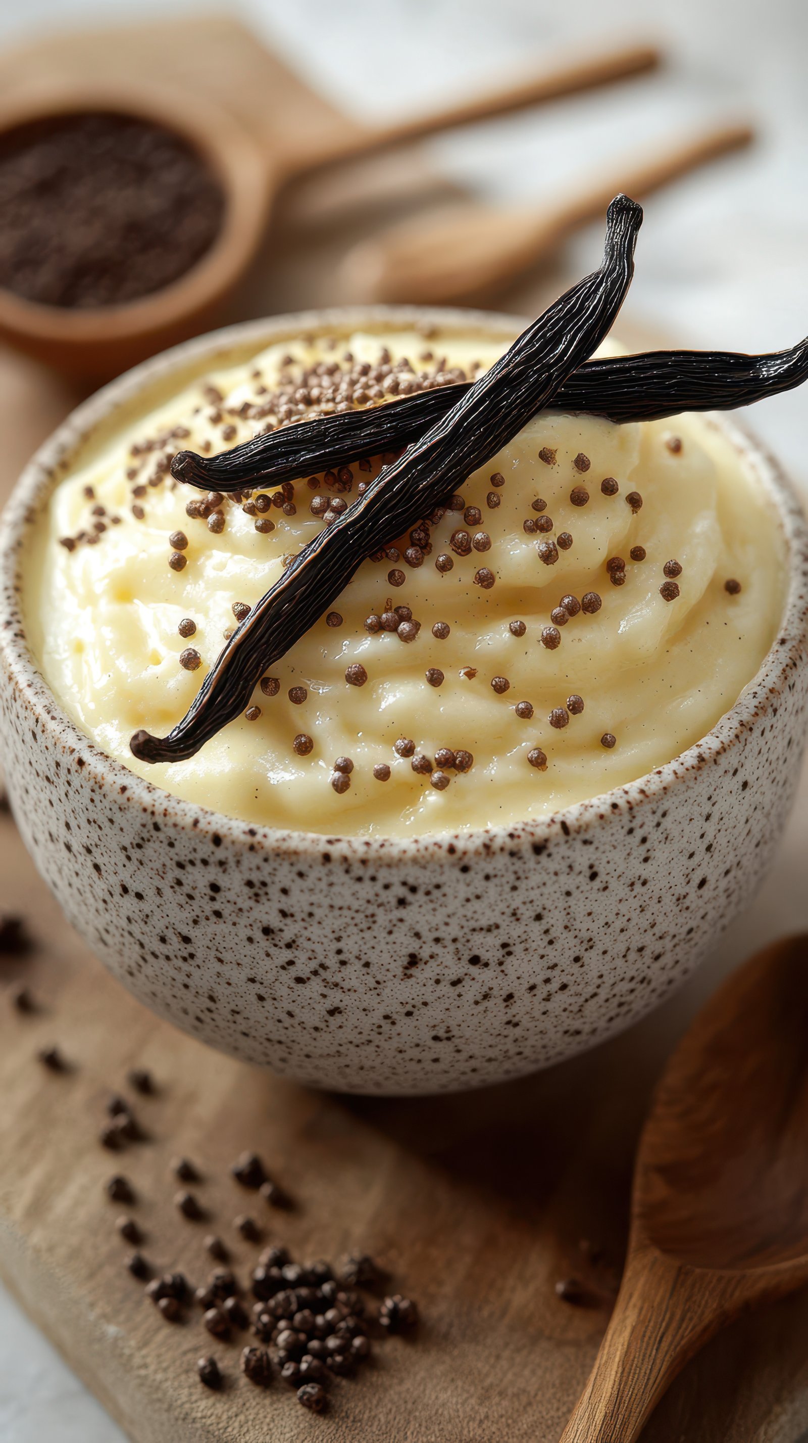 Creamy vanilla dessert topped with mustard seeds arranged in a rustic bowl on a wooden surface